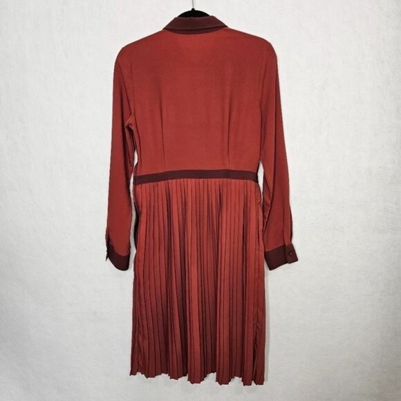 Modcloth Just My Typist Long Sleeve Pleated Shirt Dress In Brick Medium - Picture 2 of 10